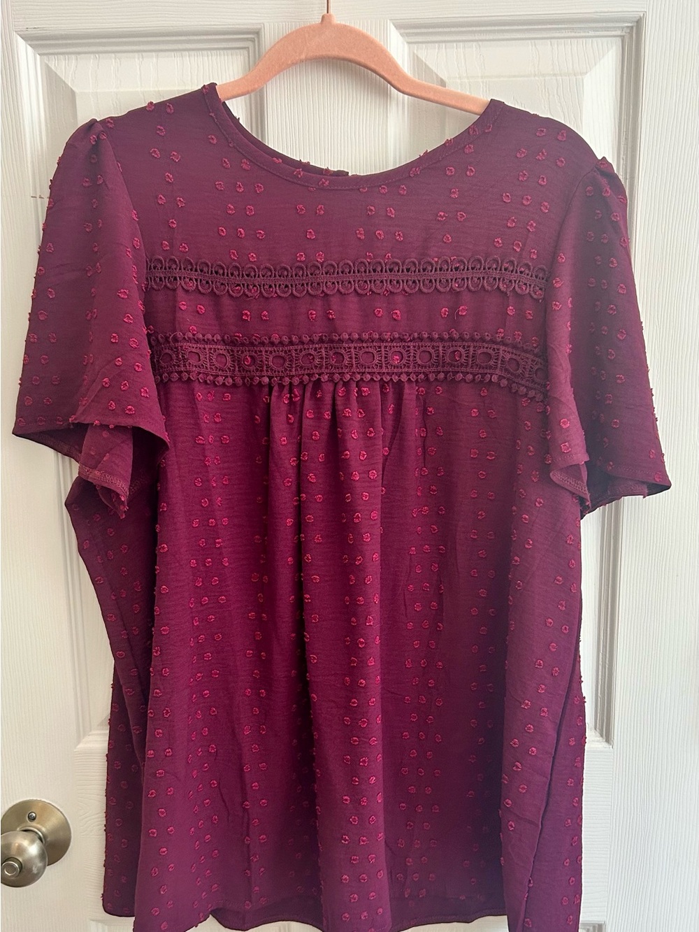 Womens Burgundy Swiss Dot Lace Yoke Blouse